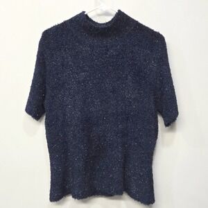 Jonathan Martin‎ Sweater Large Navy Blue Fuzzy Furry Eyelash Mock Neck Sparkle